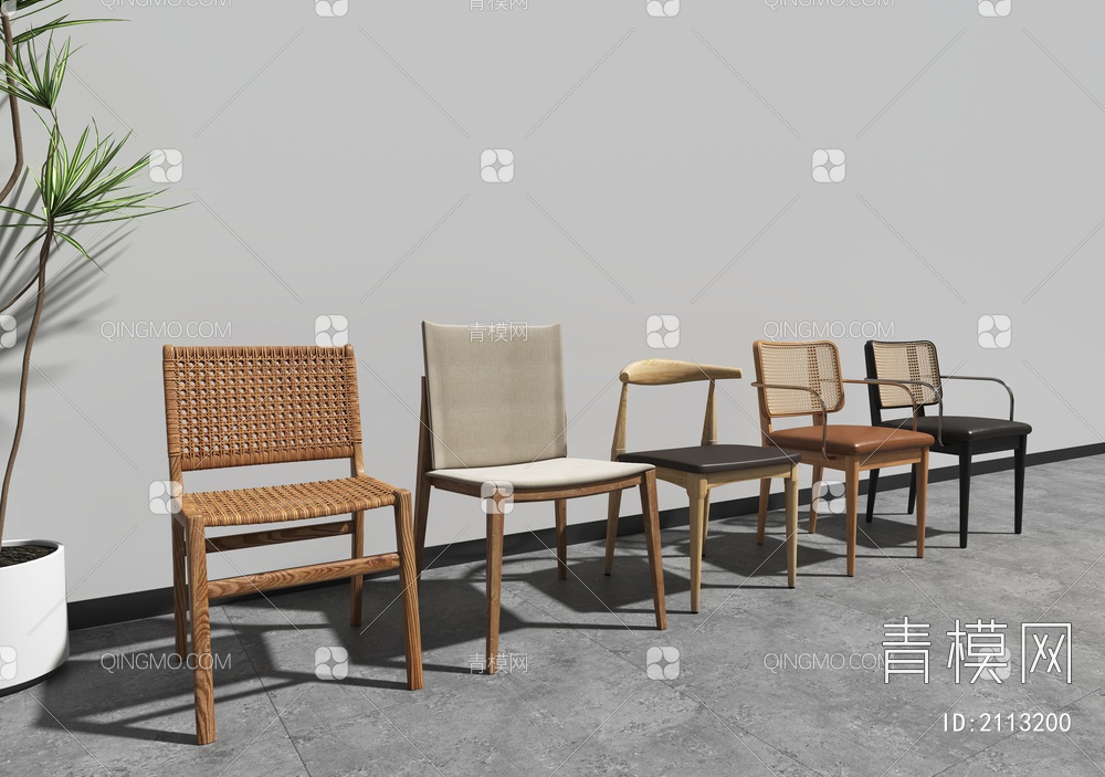 椅子 餐椅 木椅子 藤编餐椅 实木布艺椅子 藤编餐椅 单椅3D模型下载【ID:2113200】