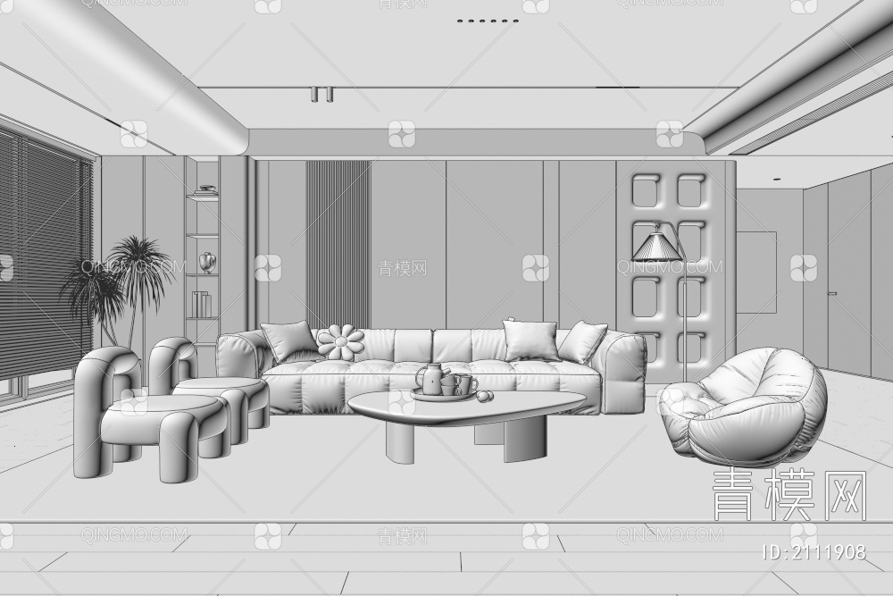 客厅 沙发茶几组合 单人沙发 多人沙发 挂画 落地灯 地毯3D模型下载【ID:2111908】