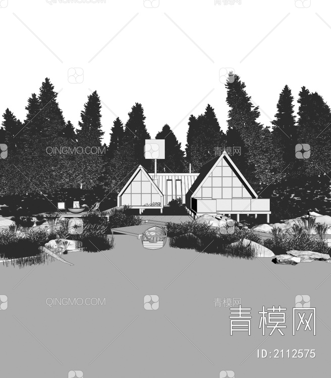 湖景别墅 林中木屋 别墅3D模型下载【ID:2112575】