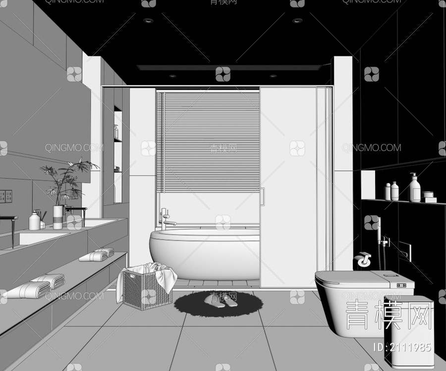 卫生间 浴缸 浴室柜 智能马桶 垃圾桶 衣篓 花洒 隔断3D模型下载【ID:2111985】