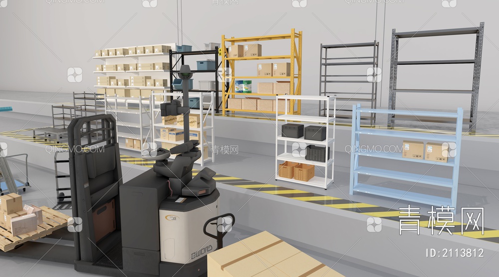 货架 包装箱 叉车 平板车 梯子3D模型下载【ID:2113812】