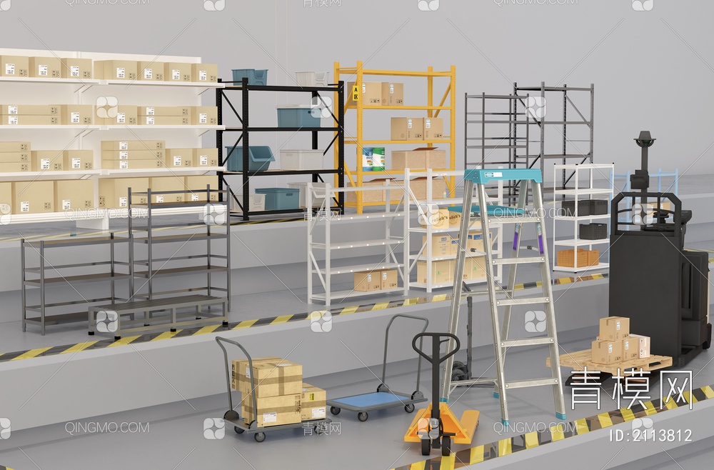 货架 包装箱 叉车 平板车 梯子3D模型下载【ID:2113812】