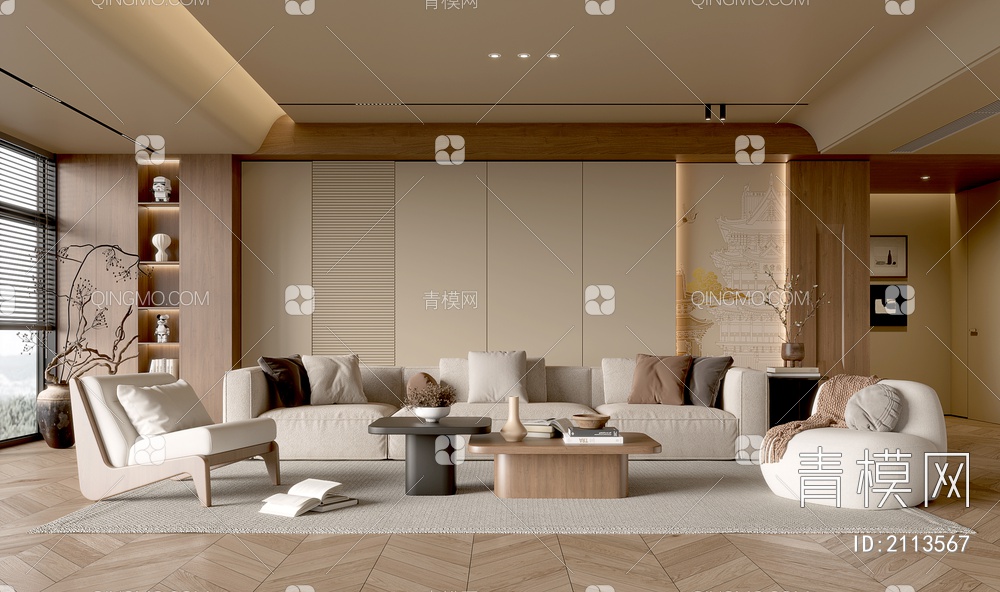 客厅 沙发茶几组合 休闲沙发椅 饰品摆件 背景墙3D模型下载【ID:2113567】