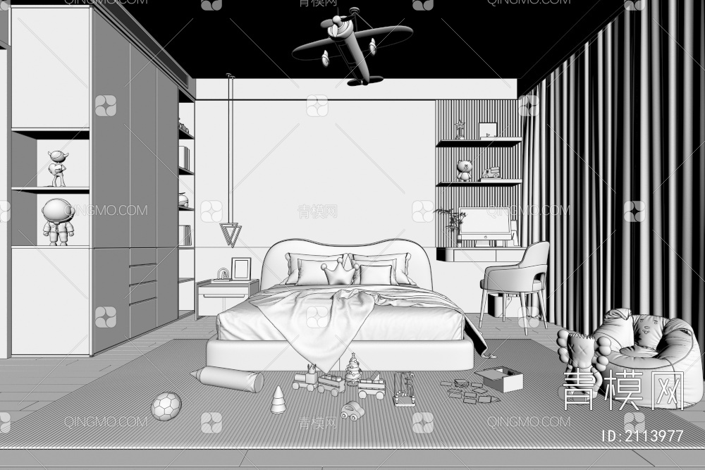 奶油风儿童房卧室3D模型下载【ID:2113977】