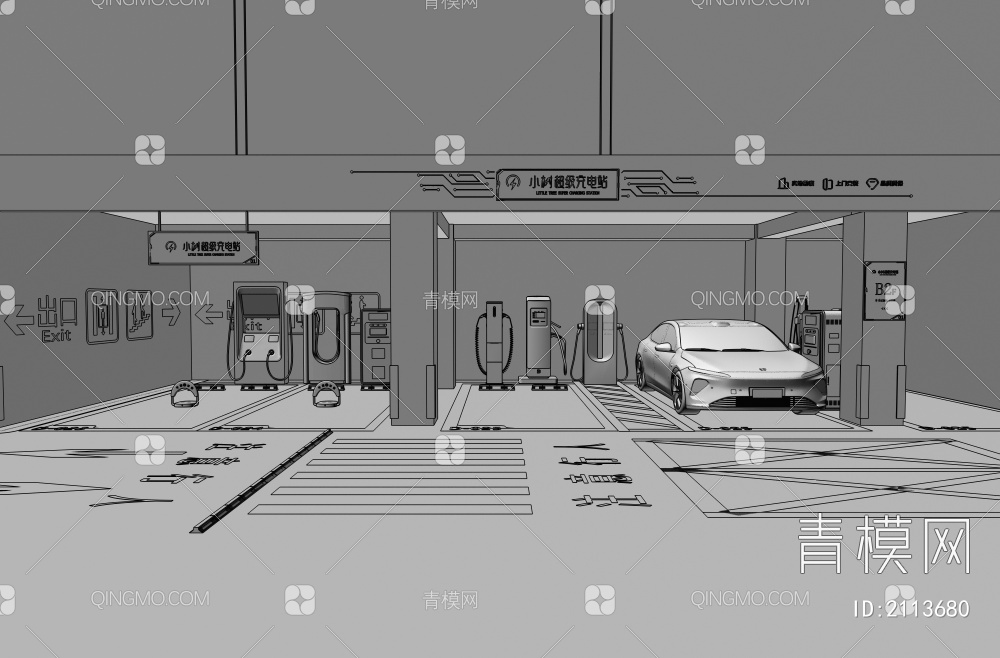 充电站 地下车库 充电桩 停车位3D模型下载【ID:2113680】