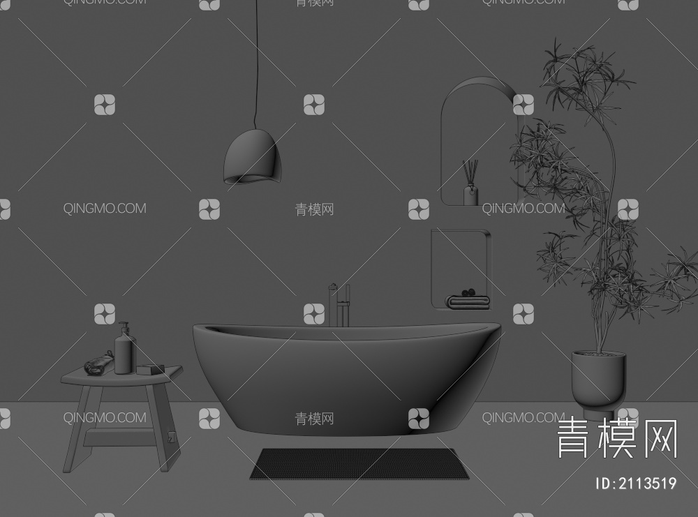 浴缸 浴盆 一体式浴缸 独立浴缸 浴缸 绿植 吊灯3D模型下载【ID:2113519】