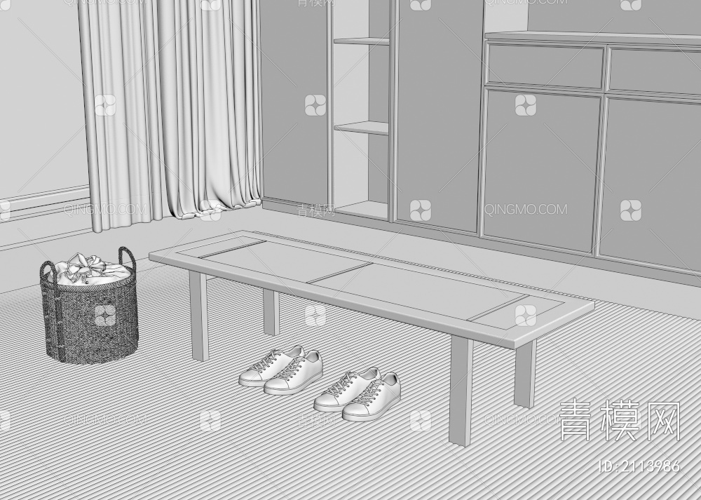 中古风换鞋凳 衣篓3D模型下载【ID:2113986】