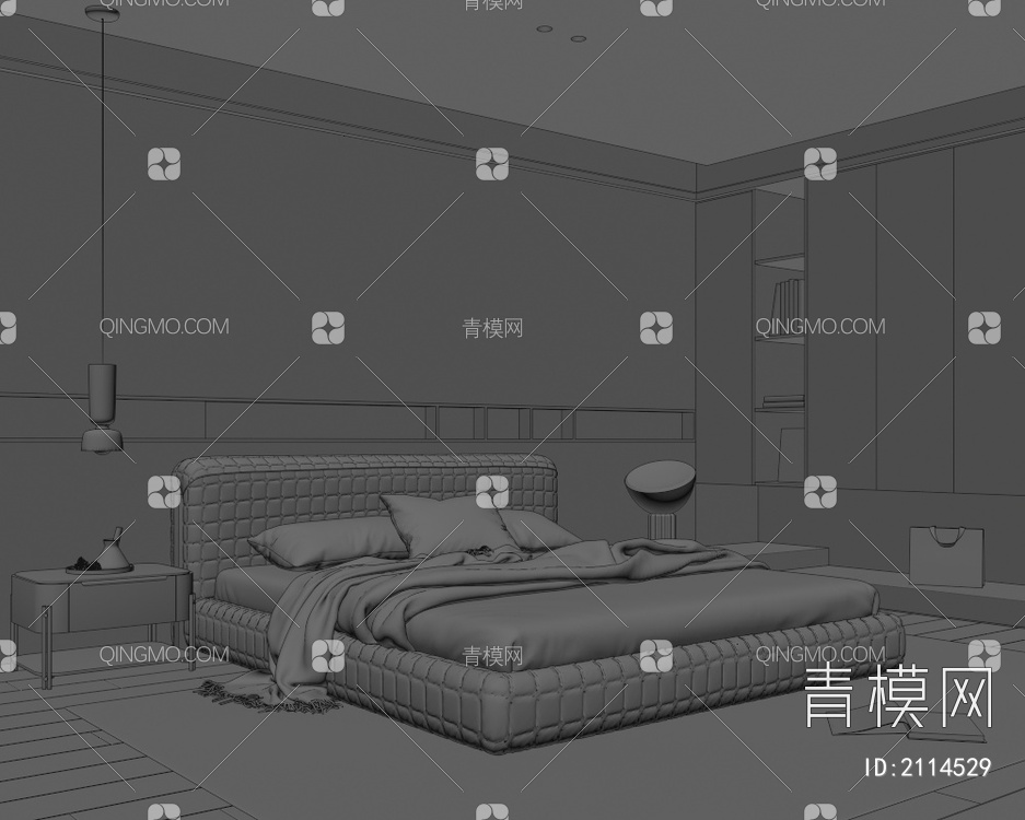 卧室 双人床 意式 极简 暗黑 吊灯3D模型下载【ID:2114529】