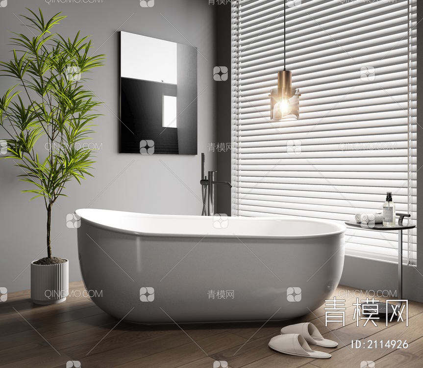 浴缸 浴盆 一体式浴缸 独立浴缸 浴缸 绿植 吊灯3D模型下载【ID:2114926】