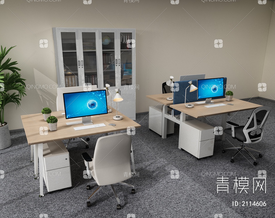 办公桌椅 办公柜 文件柜 台灯 绿植3D模型下载【ID:2114606】