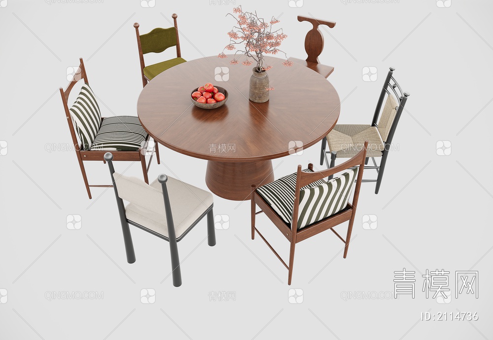 六人餐桌 圆桌 餐椅3D模型下载【ID:2114736】