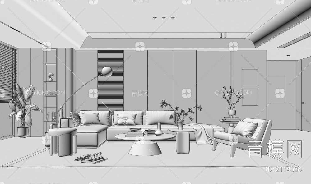 客厅 沙发茶几组合 休闲沙发椅 饰品摆件 背景墙3D模型下载【ID:2114538】
