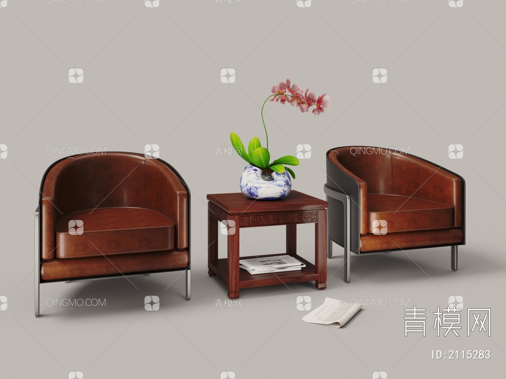 棕色皮革单人沙发 茶几组合3D模型下载【ID:2115283】