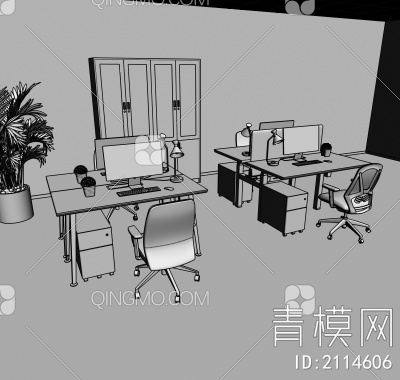 办公桌椅 办公柜 文件柜 台灯 绿植3D模型下载【ID:2114606】