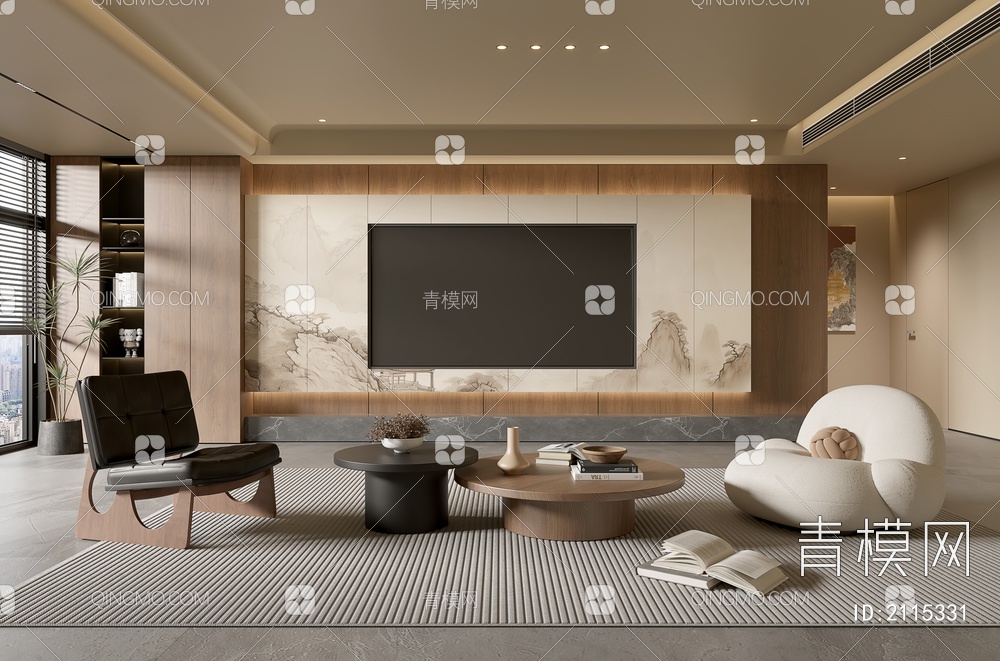 客厅 沙发茶几组合 休闲沙发椅 饰品摆件 背景墙3D模型下载【ID:2115331】