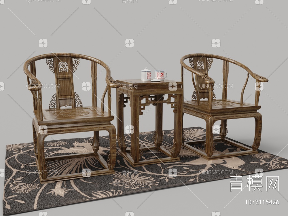 实木圈椅 太师椅 仿会客椅 明清雕花3D模型下载【ID:2115426】
