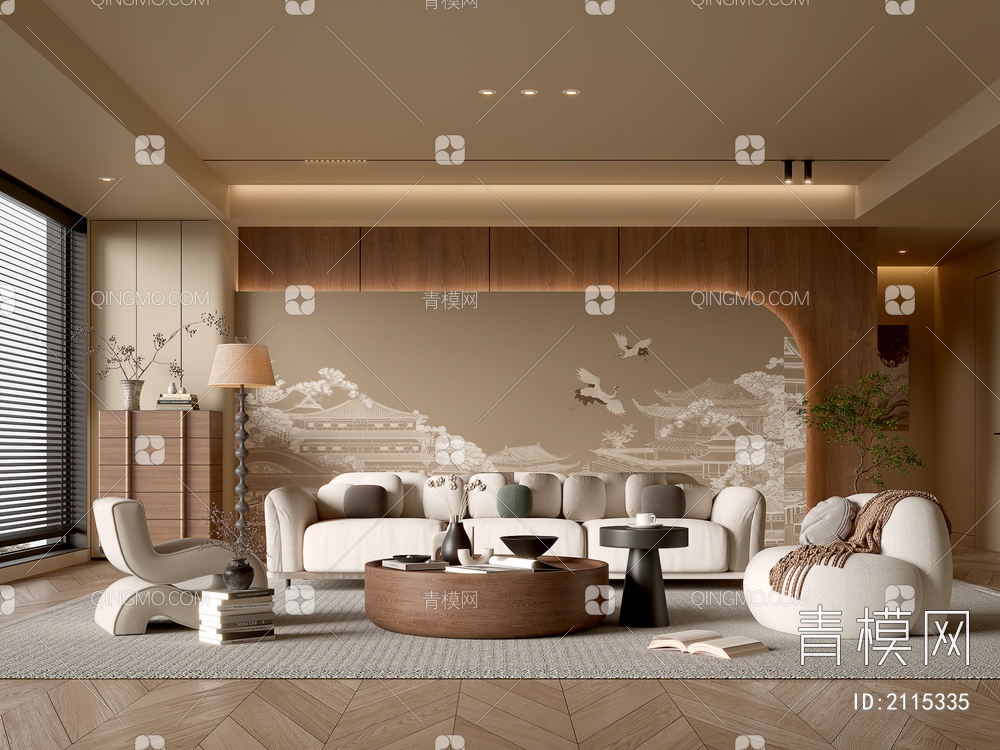 客厅 沙发茶几组合 休闲沙发椅 饰品摆件 背景墙3D模型下载【ID:2115335】
