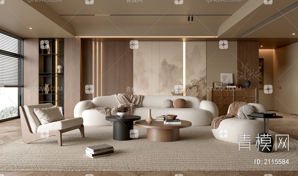 客厅 沙发茶几组合 休闲沙发椅 饰品摆件 背景墙3D模型下载【ID:2115584】