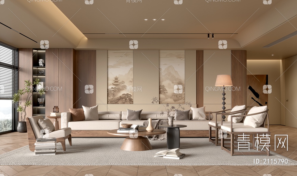 客厅 沙发茶几组合 休闲沙发椅 饰品摆件 背景墙3D模型下载【ID:2115790】