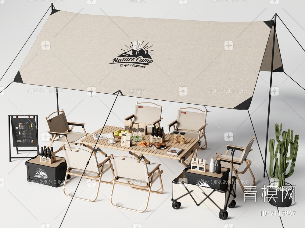户外桌椅组合 露营桌椅 折叠桌椅 天幕 食物 饮料3D模型下载【ID:2115867】