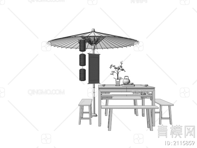 八仙桌 餐桌椅 遮阳伞3D模型下载【ID:2115859】