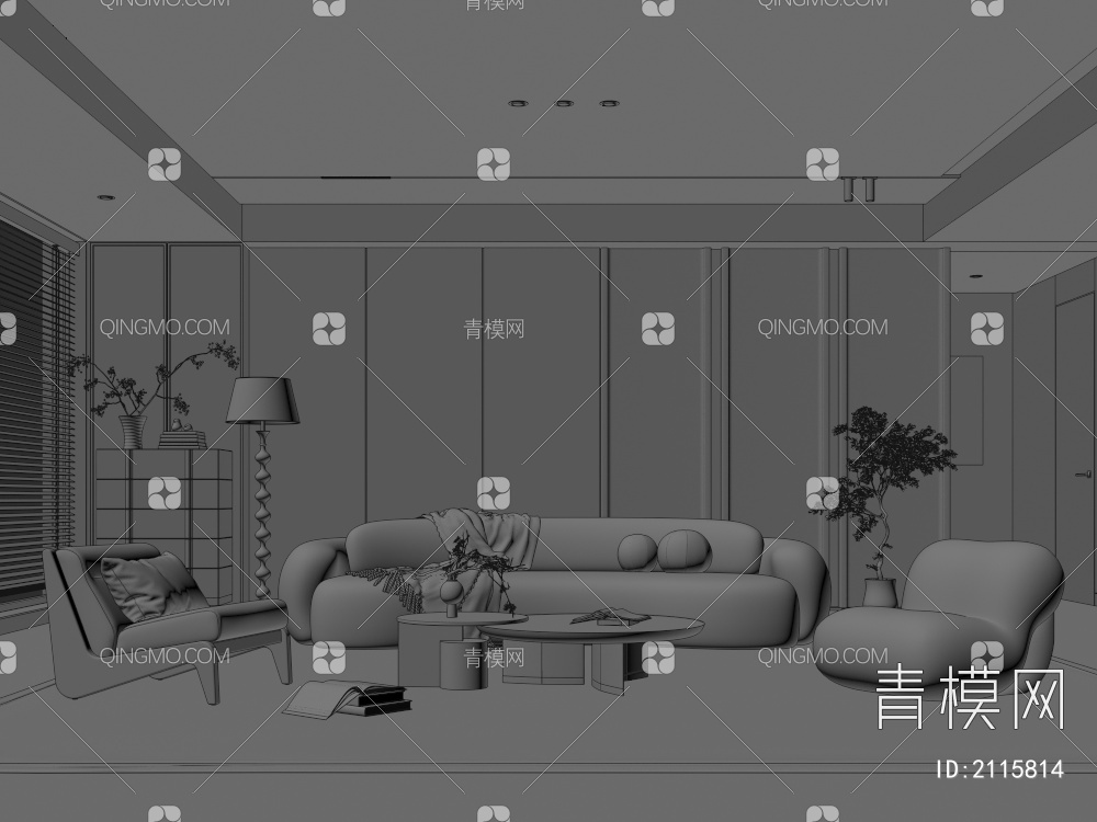 客厅 中古风客厅 沙发茶几组合 休闲沙发椅 饰品摆件 背景墙3D模型下载【ID:2115814】