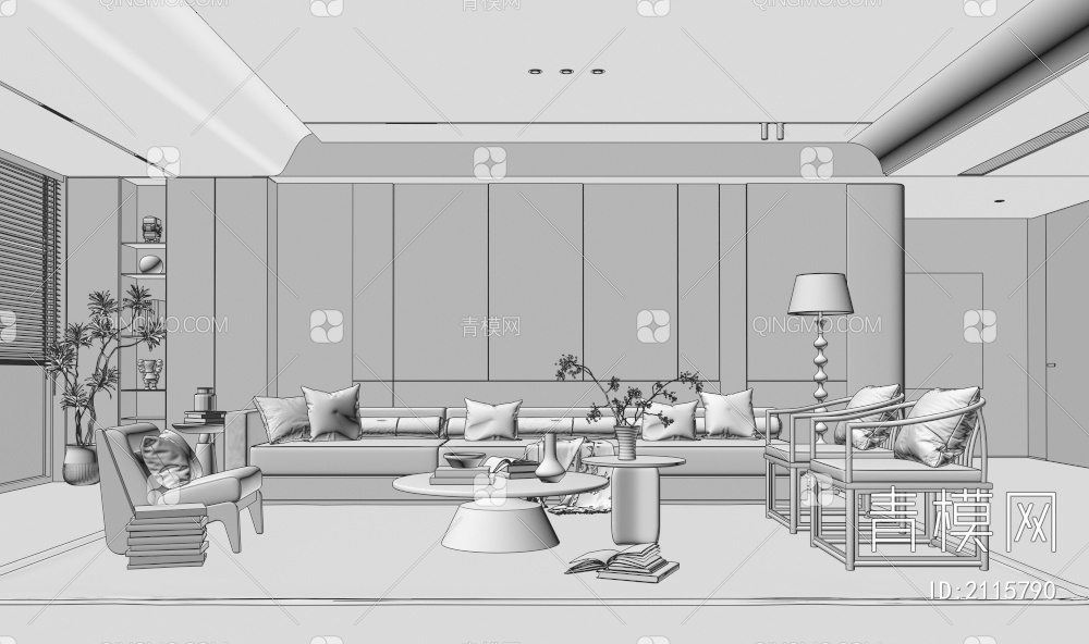 客厅 沙发茶几组合 休闲沙发椅 饰品摆件 背景墙3D模型下载【ID:2115790】