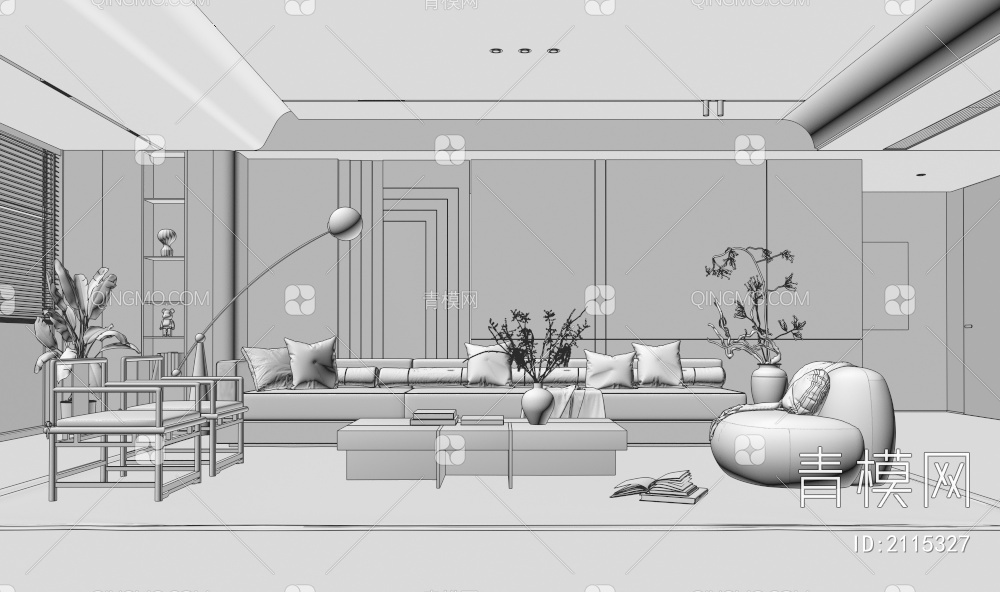 客厅 沙发茶几组合 休闲沙发椅 饰品摆件 背景墙3D模型下载【ID:2115327】