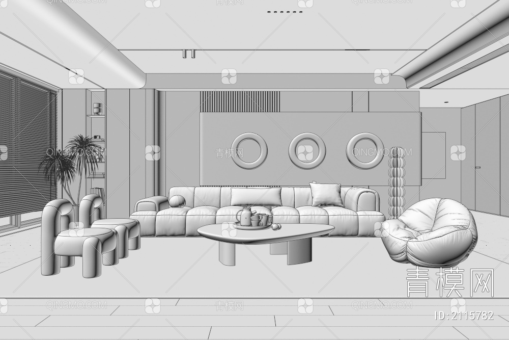 客厅 沙发茶几组合 单人沙发 多人沙发 挂画 落地灯 地毯3D模型下载【ID:2115782】