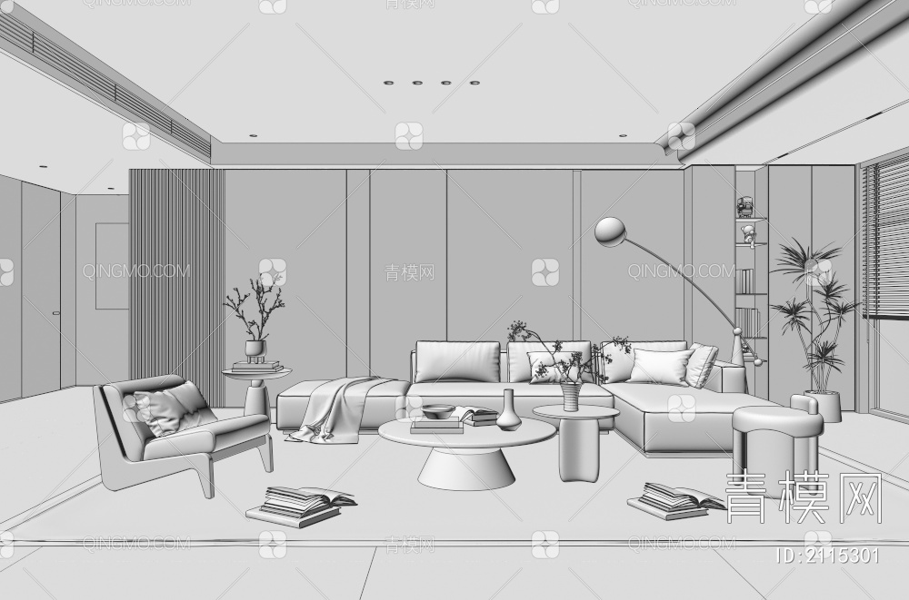 客厅 中古风客厅 沙发茶几组合 休闲沙发椅 饰品摆件 背景墙3D模型下载【ID:2115301】