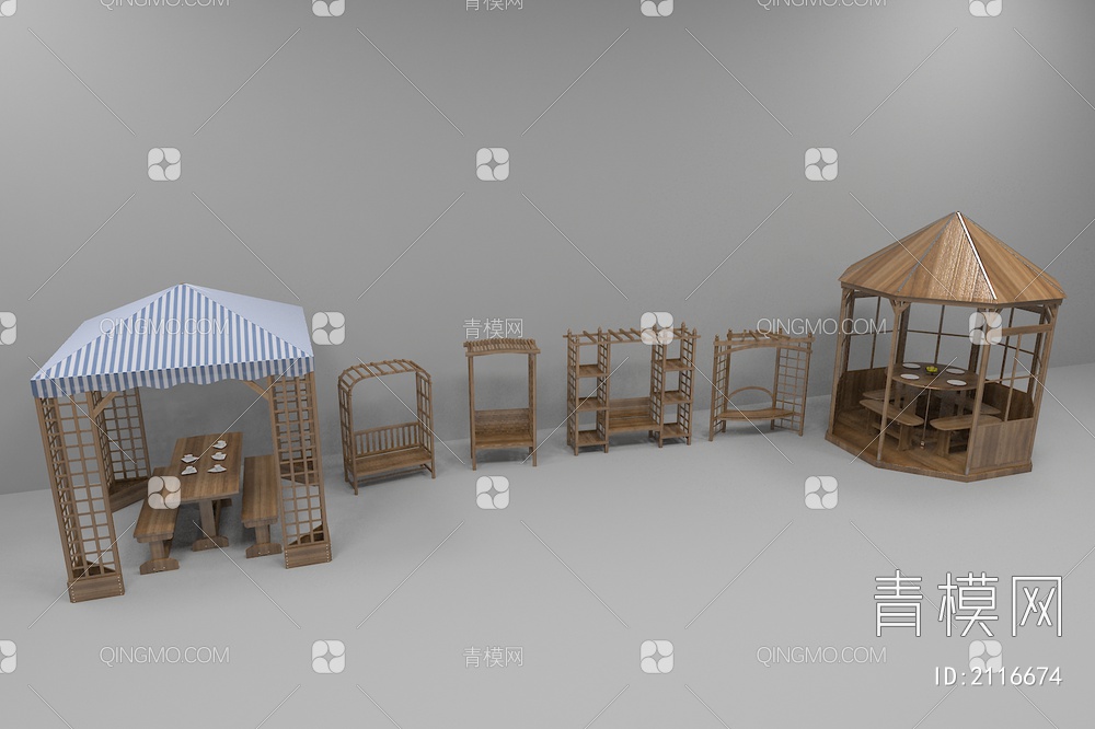 木结构亭子 木结构长椅3D模型下载【ID:2116674】