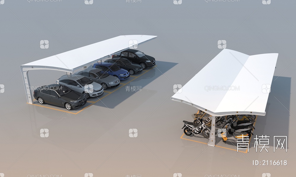 户外停车场 汽车车棚 电动车棚 非机动车棚3D模型下载【ID:2116618】