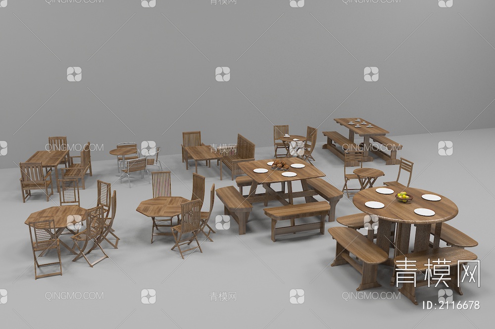 木制桌椅 庭院桌椅 户外桌椅3D模型下载【ID:2116678】
