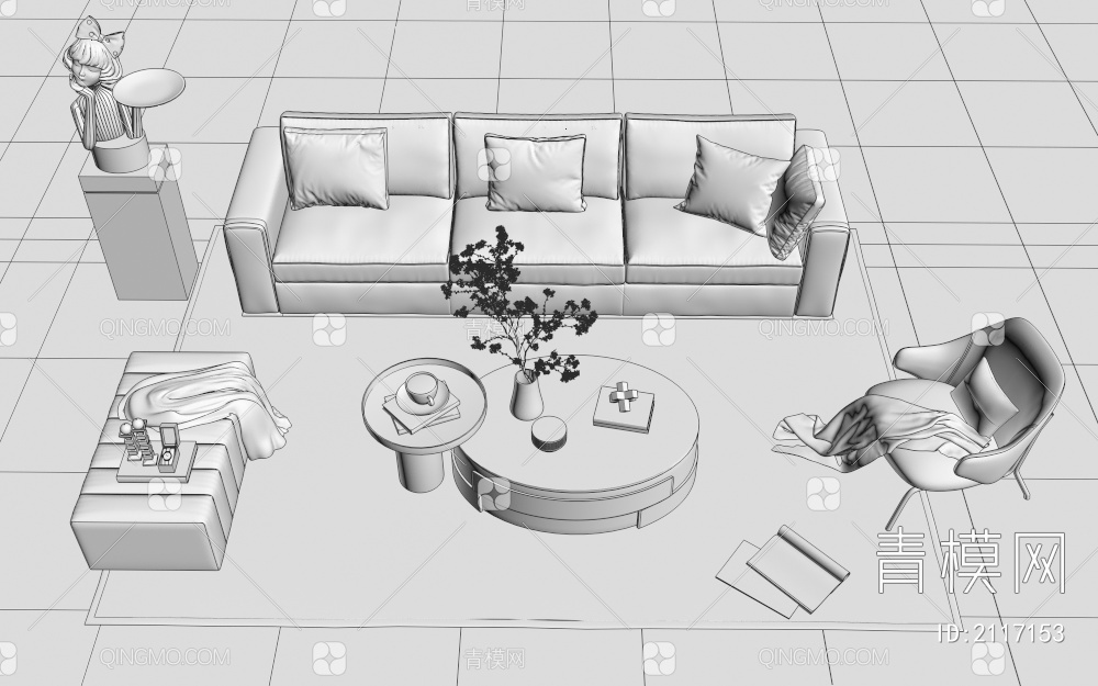 沙发茶几组合  单椅  雕塑 地毯3D模型下载【ID:2117153】