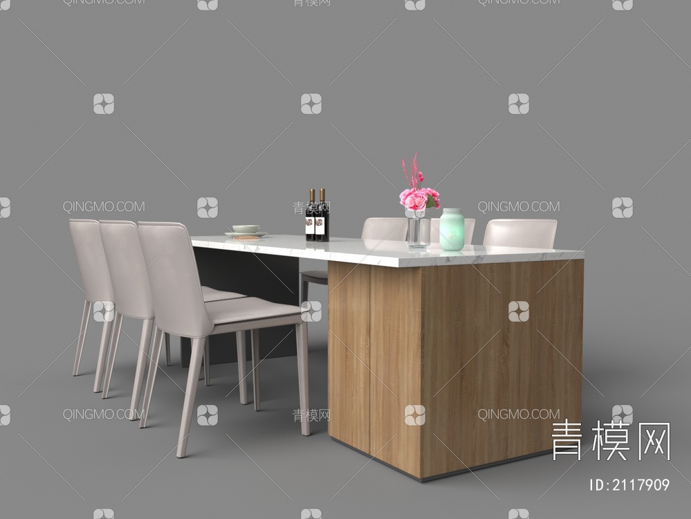 实木岛台餐桌椅组合3D模型下载【ID:2117909】
