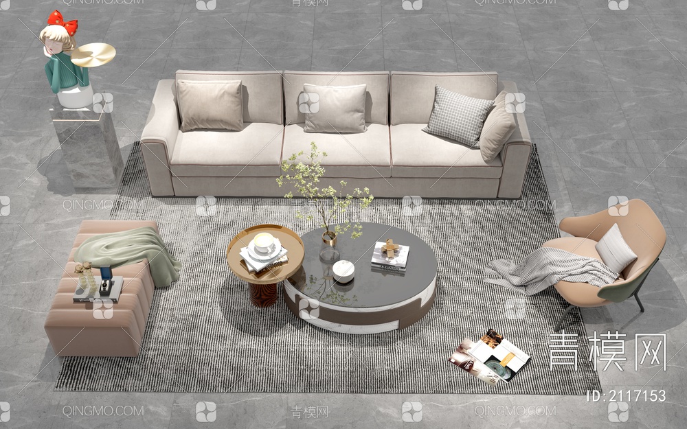 沙发茶几组合  单椅  雕塑 地毯3D模型下载【ID:2117153】