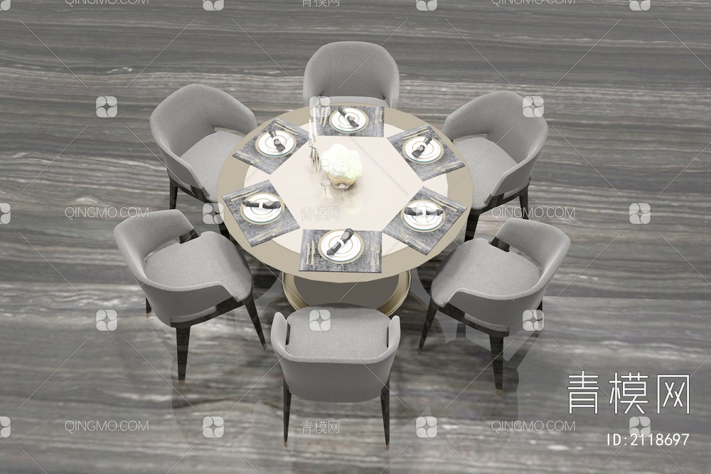 餐桌椅 圆桌 餐厅餐桌 包间餐桌椅 圆桌椅组合3D模型下载【ID:2118697】
