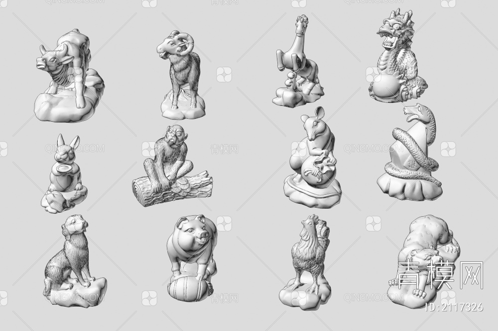 十二生肖雕塑_动物雕塑小品3D模型下载【ID:2117326】