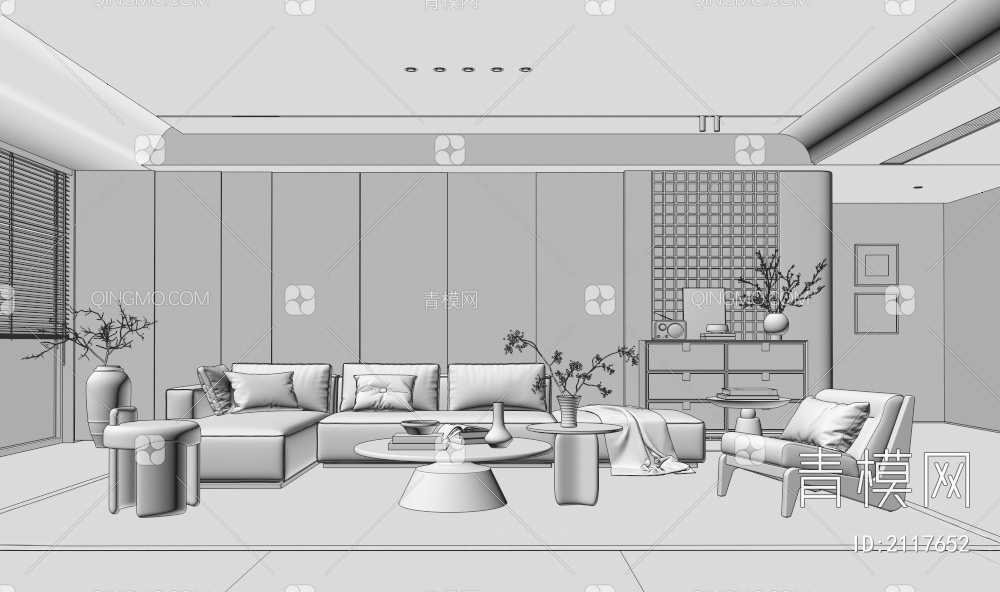 客厅 沙发茶几组合 休闲沙发椅 饰品摆件 背景墙3D模型下载【ID:2117652】