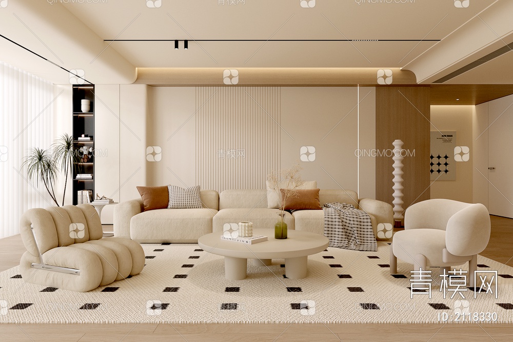 客厅 沙发茶几组合 单人沙发 多人沙发 挂画 落地灯 地毯3D模型下载【ID:2118330】