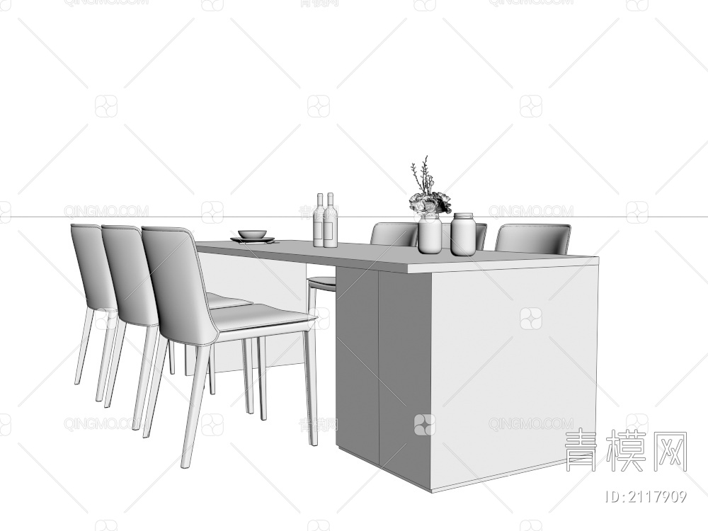 实木岛台餐桌椅组合3D模型下载【ID:2117909】