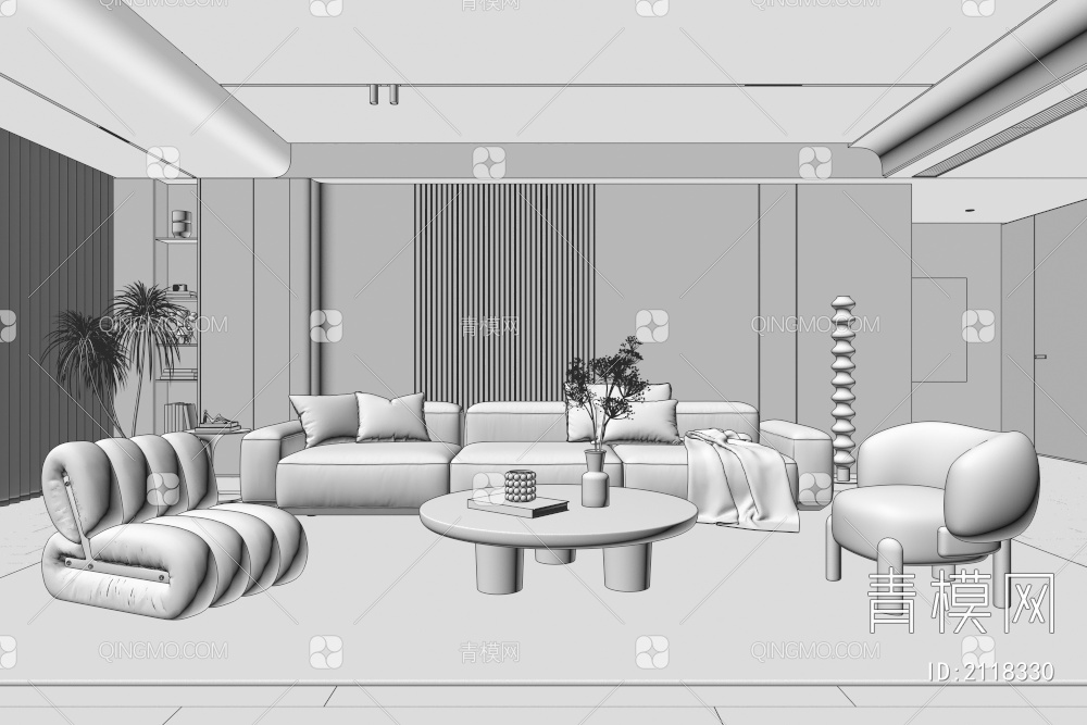 客厅 沙发茶几组合 单人沙发 多人沙发 挂画 落地灯 地毯3D模型下载【ID:2118330】
