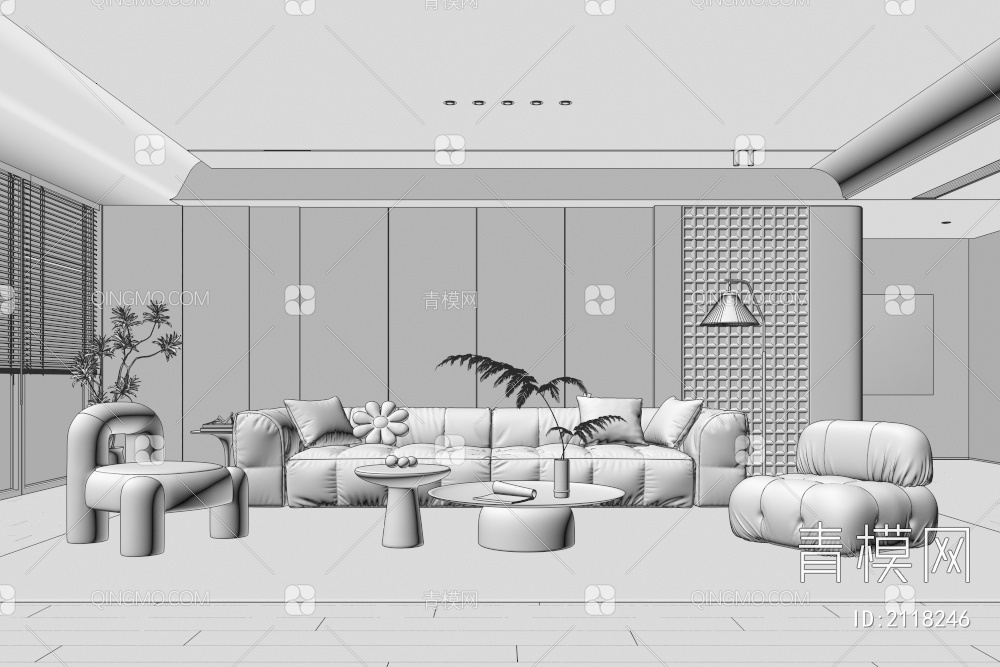 客厅 沙发茶几组合 单人沙发 多人沙发 挂画 落地灯 地毯3D模型下载【ID:2118246】