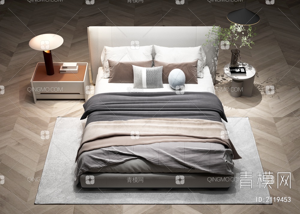 双人床  床 地毯  绿植  吊灯 台灯 床头柜3D模型下载【ID:2119453】