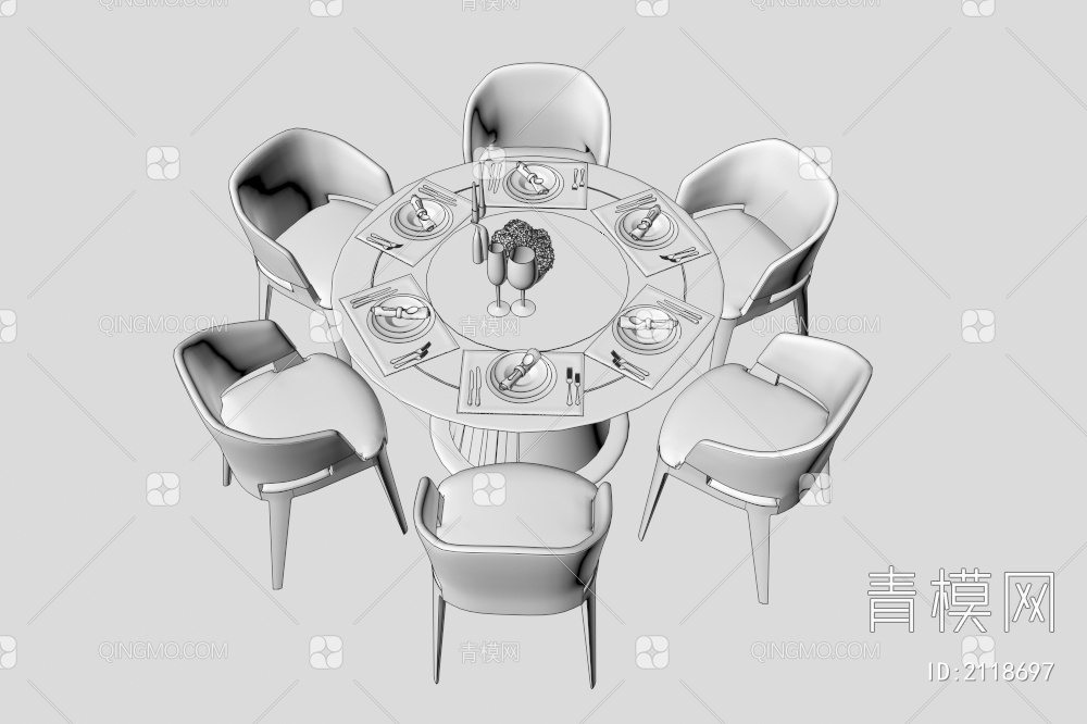 餐桌椅 圆桌 餐厅餐桌 包间餐桌椅 圆桌椅组合3D模型下载【ID:2118697】