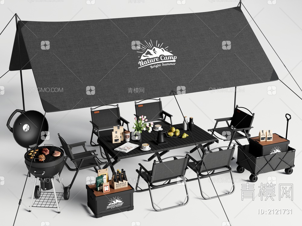 露营桌椅组合 户外桌椅 天幕 烧烤架 食物 饮料3D模型下载【ID:2121731】