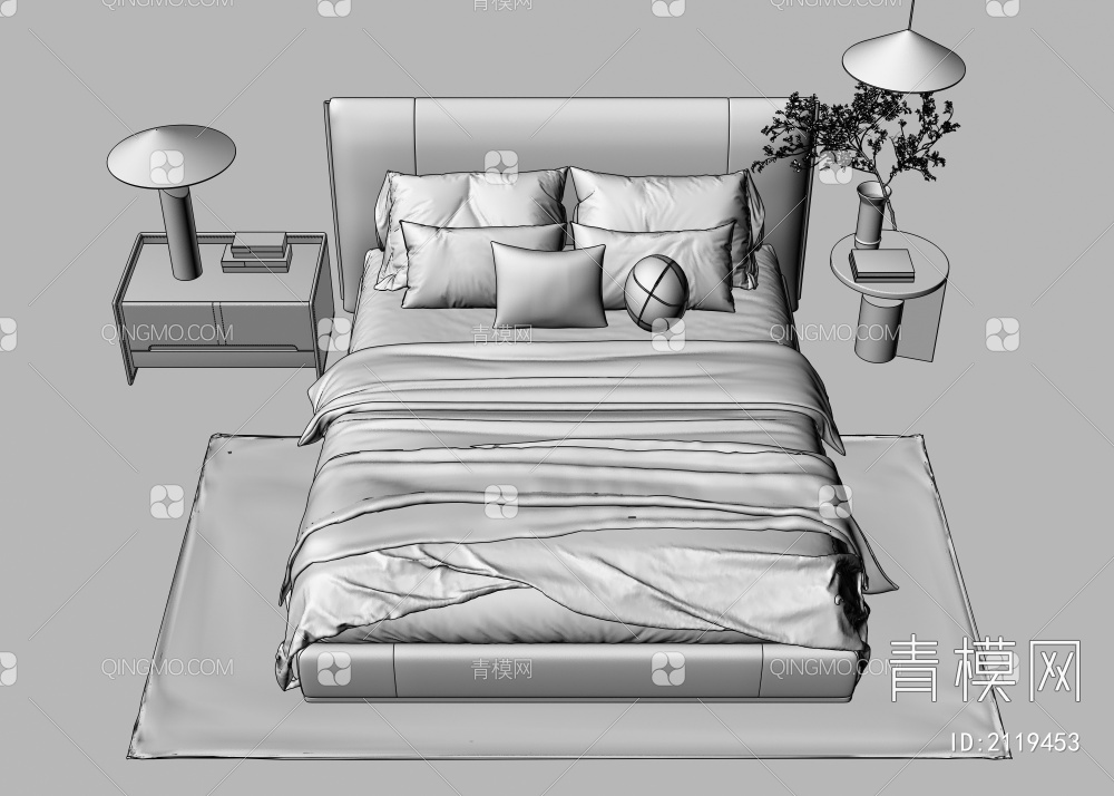 双人床  床 地毯  绿植  吊灯 台灯 床头柜3D模型下载【ID:2119453】