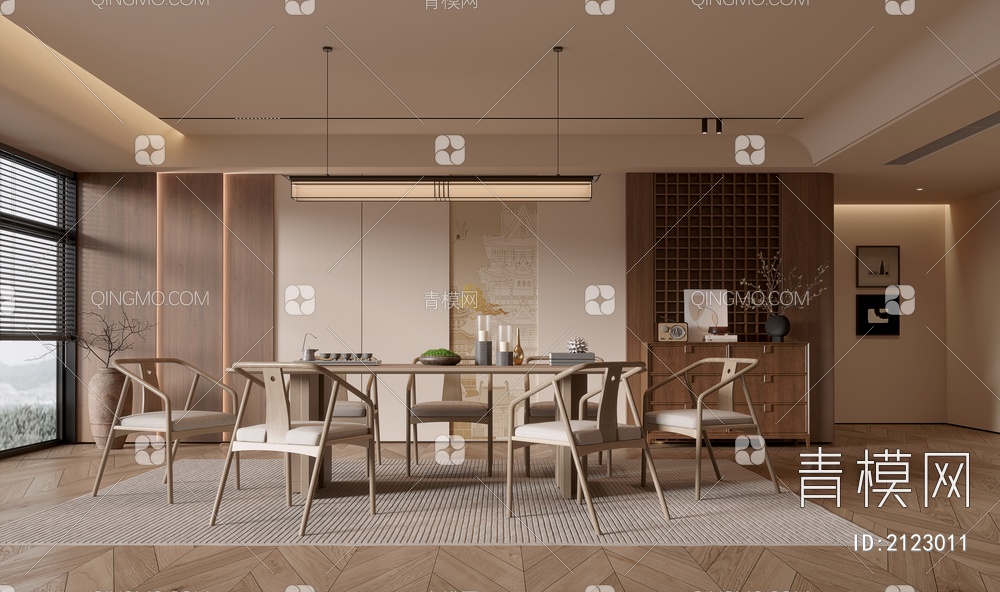 餐厅 餐桌椅组合 餐边柜 吊灯 绿植 装饰品3D模型下载【ID:2123011】