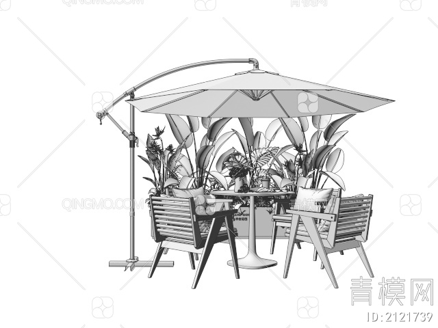 户外桌椅 休闲桌椅 植物 盆栽 遮阳伞3D模型下载【ID:2121739】