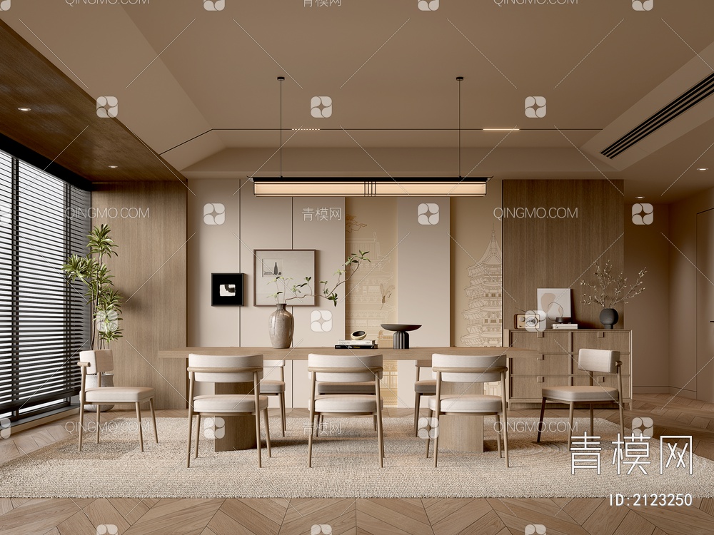 餐厅 餐桌椅组合 餐边柜 吊灯 绿植 装饰品3D模型下载【ID:2123250】